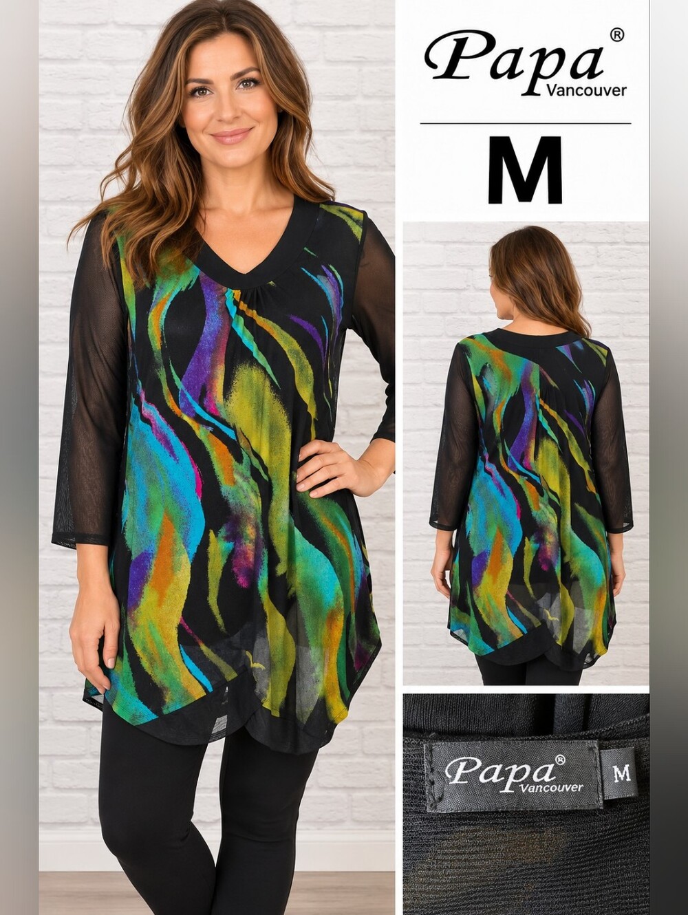Papa Vancouver Size M Multicolor Abstract Tunic Top | Sheer Sleeves | Layered